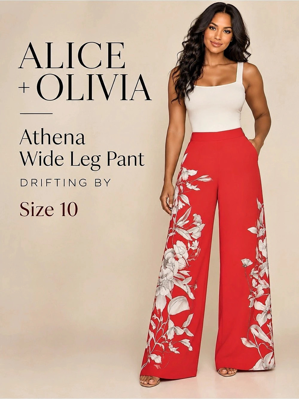 Alice + Olivia Athena Wide Leg Pant Drifting By Floral Red Size 10